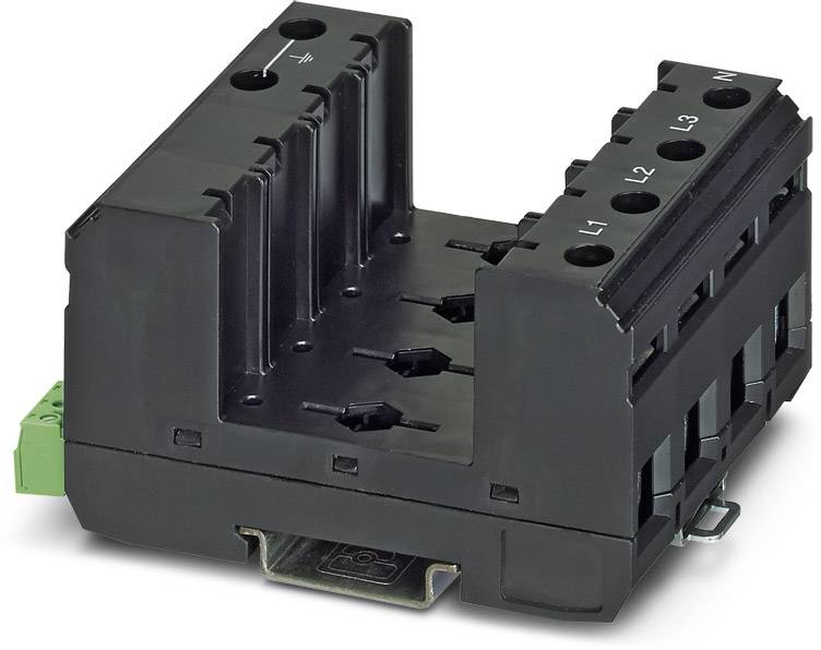 Elektrisches Bauteil, vermutlich ein Verteilerblock, in U-Form, schwarze Farbe, mit mehreren Anschlussmöglichkeiten, grünem Steckmodul.