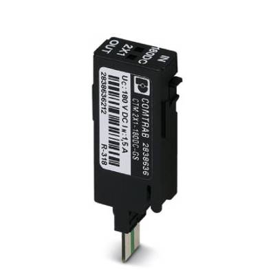 Schwarzes elektronische Bauteil mit Beschriftung 'COMTRAB 2889663', Anschluss für Spannungsschutz, beschriftete technische Spezifikationen.