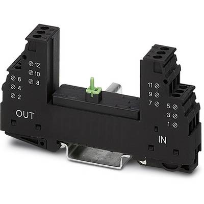 Ein schwarzes elektronisches Steckmodul zeigt die Anschlüsse mit Markierungen von 'OUT' zu 'IN' und eine grüne Komponente in der Mitte.