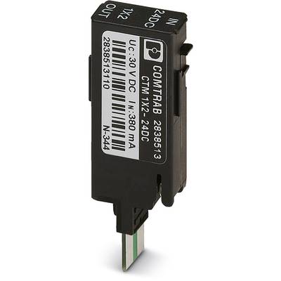Ein schwarzes elektronisches Modul mit Etikett 'CONTRAB', technischen Spezifikationen und gebogener Steckverbindung unten.