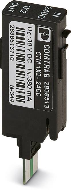 Elektronisches Bauteil mit Aufschrift 'COMTRAB', Modell CTM 12. Es verfügt über Eingangs- und Ausgangsbeschriftungen sowie technische Details.