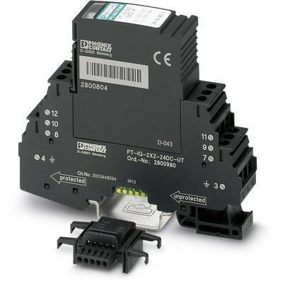 'Schwarzer Überspannungsschutz mit mehreren Anschlüssen, Modellnummer PT-IQ-2X2-24DC-UT von Phoenix Contact.'