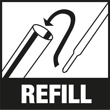 'Schematische Darstellung einer Nachfüllung mit Pfeil, der von einer offenen Tube zu einer Nadel zeigt. Text: Refill.'