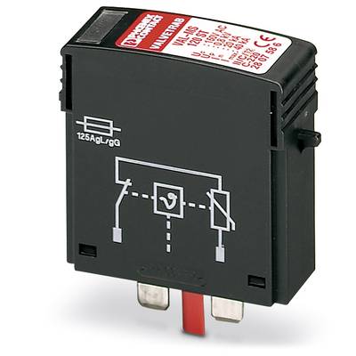 Schwarzes elektrisches Bauteil mit roten und weißen Markierungen. Beschriftung zeigt technische Spezifikationen.