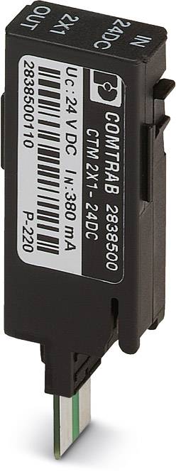 Ein schwarzes elektronisches Bauteil mit Beschriftung 'COMTRAB 2836500 CTM 2X1-24DC'. Es hat Anschlüsse oben und unten.