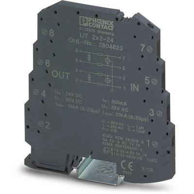 Schwarzes Phoenix Contact Relaismodul, Modell 2x2-24, mit sechs Anschlüssen und eingeprägten technischen Daten.
