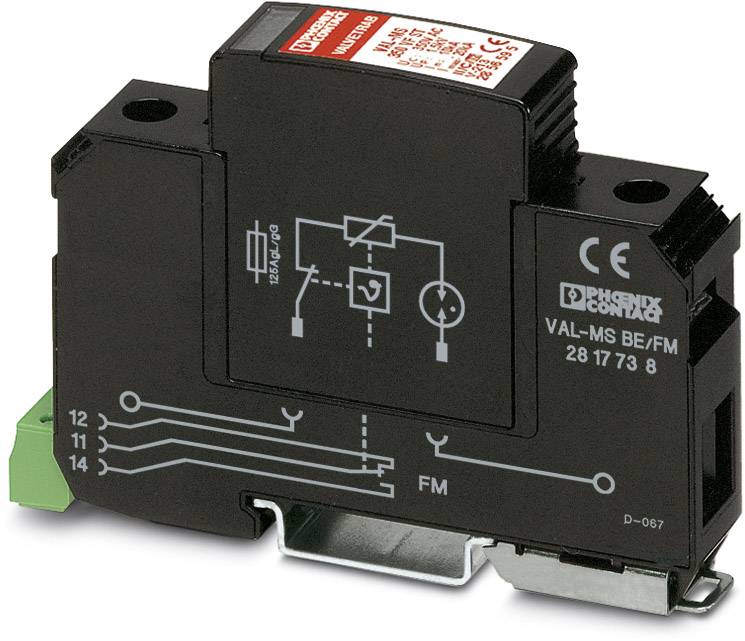 Ein schwarzer Überspannungsschutzgerät von Phoenix Contact, Modell VAL-MS BE/FM, mit Schaltplan und Anschlussklemmen.