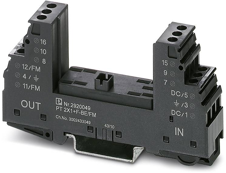 Elektronisches Relaismodul mit mehreren Anschlussklemmen und Aufschrift 'OUT' und 'IN'; schwarz, für industrielle Anwendungen.