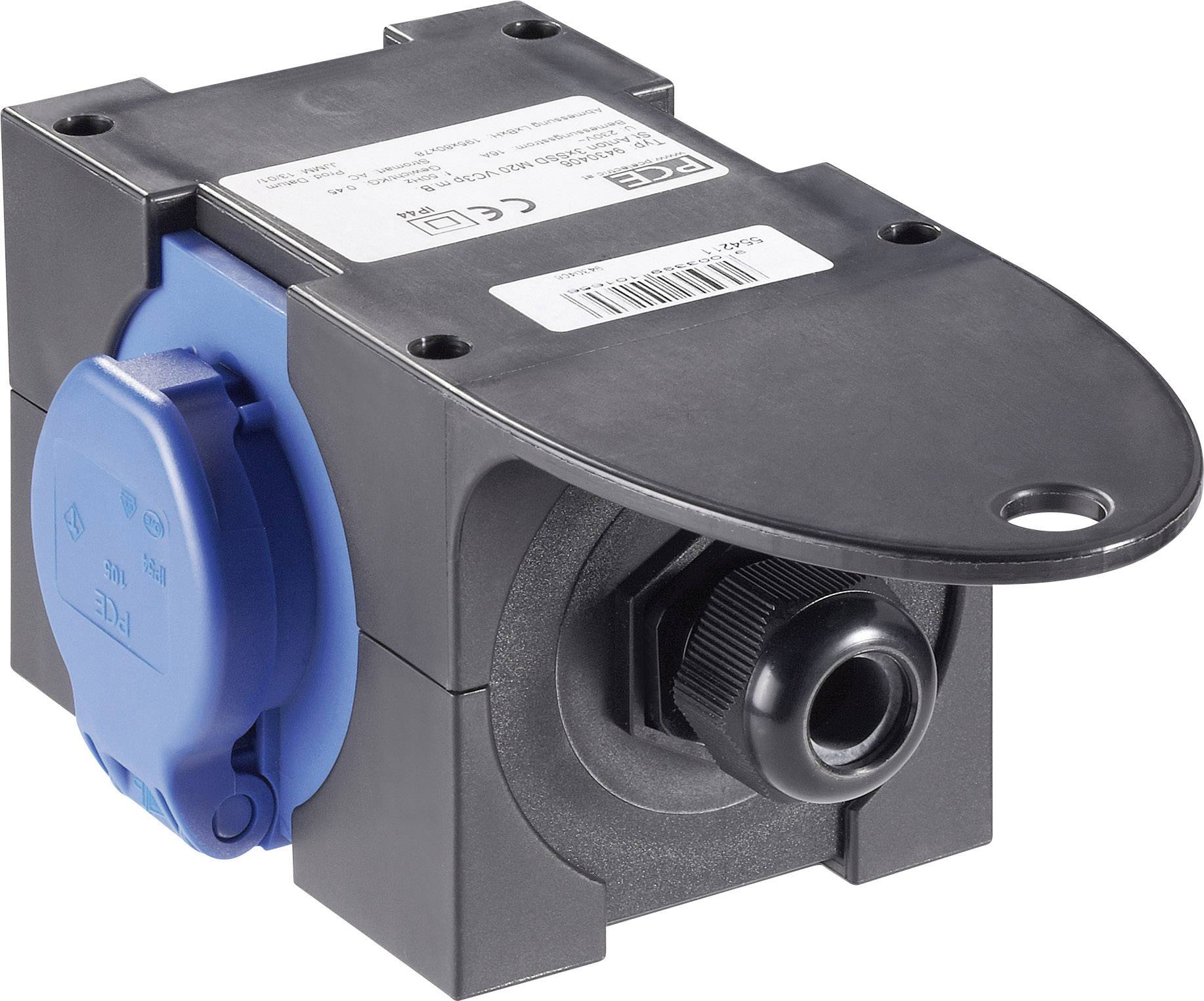 Elektrische Steckdose in einem schwarzen Gehäuse mit blauer Buchse und schwarzer Kabelverschraubung, geeignet für industrielle Anwendungen.