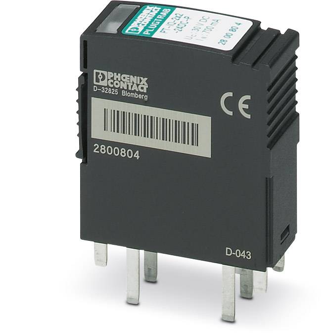 Ein schwarzes elektronisches Bauteil mit Beschriftungen 'PHOENIX CONTACT' und '2800804', zusammen mit einem Barcode und CE-Kennzeichnung.