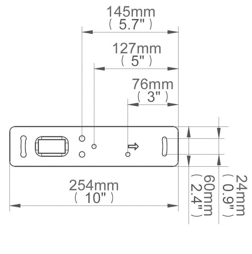 Diagramm eines rechteckigen Gegenstands mit den Maßen: Länge 254 mm, Breite 24 mm. Zusätzlich sind Teile davon 145 mm und 76 mm lang.