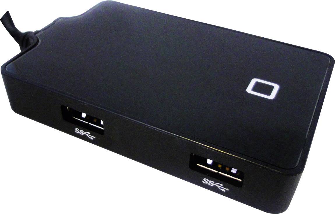 Schwarzer USB-Hub mit mehreren Anschlüssen, darunter zwei sichtbar beschriftete 'SS' für SuperSpeed USB.