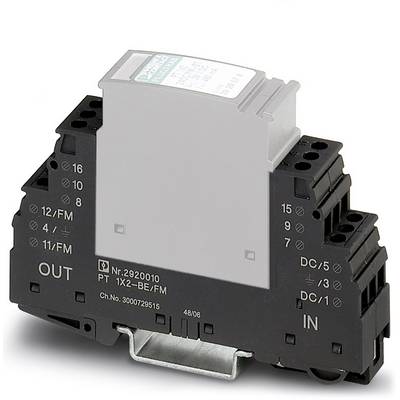 Ein schwarzes elektronisches Bauteil mit mehreren Steckverbindungen, gekennzeichnet mit 'IN', 'OUT' und 'DC', von Phoenix Contact.