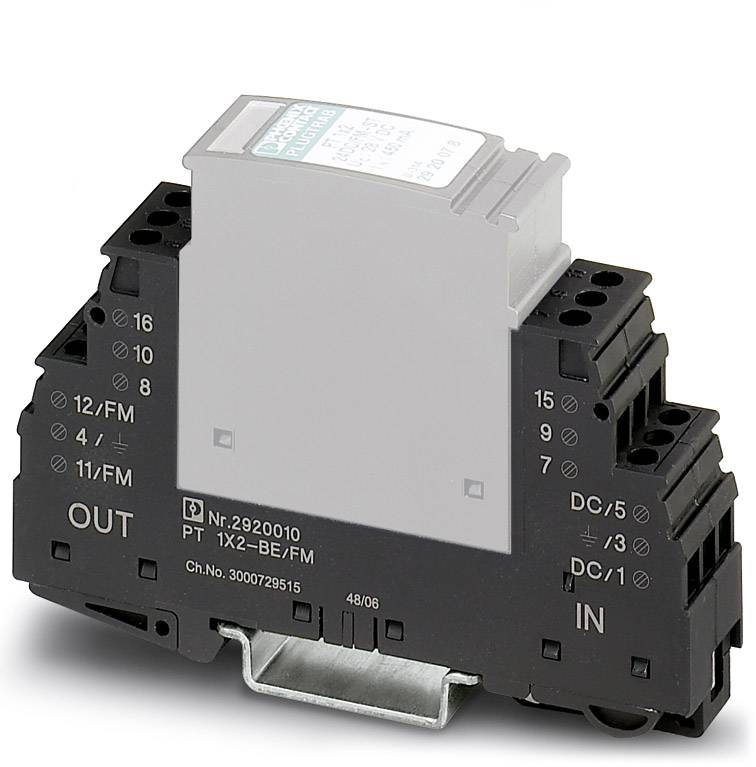Ein Überspannungsschutzgerät für elektrische Anlagen mit Eingangs- und Ausgangsanschlüssen. Modellnummer ist sichtbar.