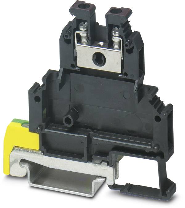 Elektrischer Klemmenblock in schwarzer Farbe mit metallischem Anschluss und gelbem Seitenelement, für elektrische Verdrahtungen.