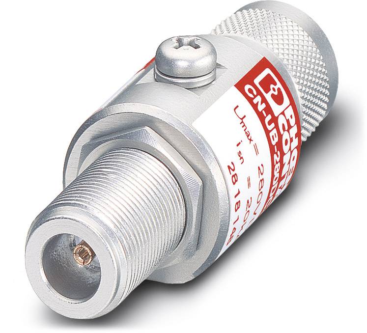 Metallener Hochfrequenzstecker mit Schraubgewinde und rotem Etikett, auf dem technische Spezifikationen zu sehen sind.