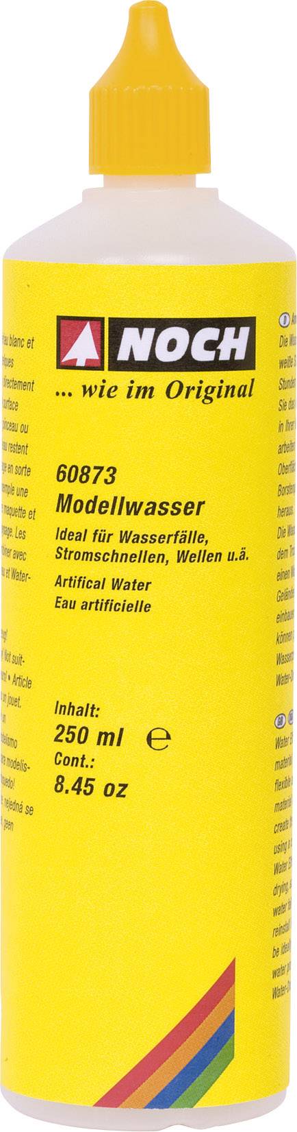 Gelbe Flasche mit der Aufschrift 'NOCH Modellwasser 250 ml'. Wird zur Gestaltung von Wasser in Modelleisenbahnanlagen verwendet.