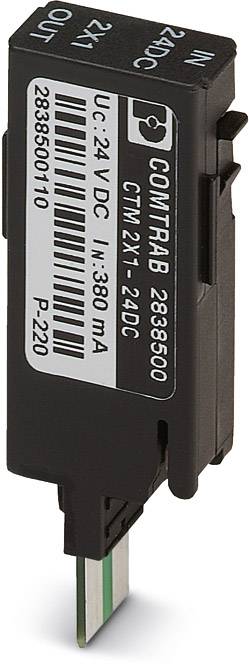 Ein schwarzes elektronisches Modul mit der Aufschrift 'COMTRAB 2838500 CTM 2x1 - 24DC'. Es hat einen Barcode und technische Spezifikationen.