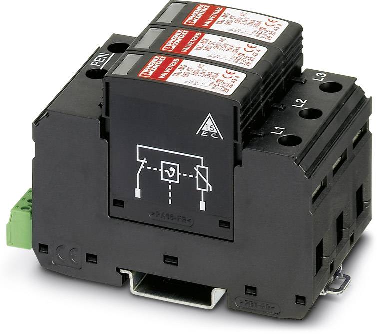 Ein dreiphasiger Überspannungsschutz mit schwarzem Gehäuse und roten Aufklebern, zeigt ein Schaltsymbol und ist für elektrische Installationen geeignet.
