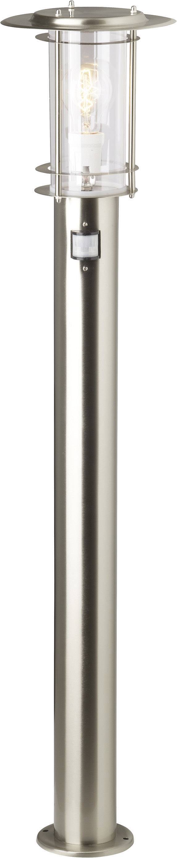 Eine moderne, silberne Stehlampe mit Glühbirne, geeignet für den Außenbereich. Dünner, zylindrischer Sockel mit klarer Lampenabdeckung.