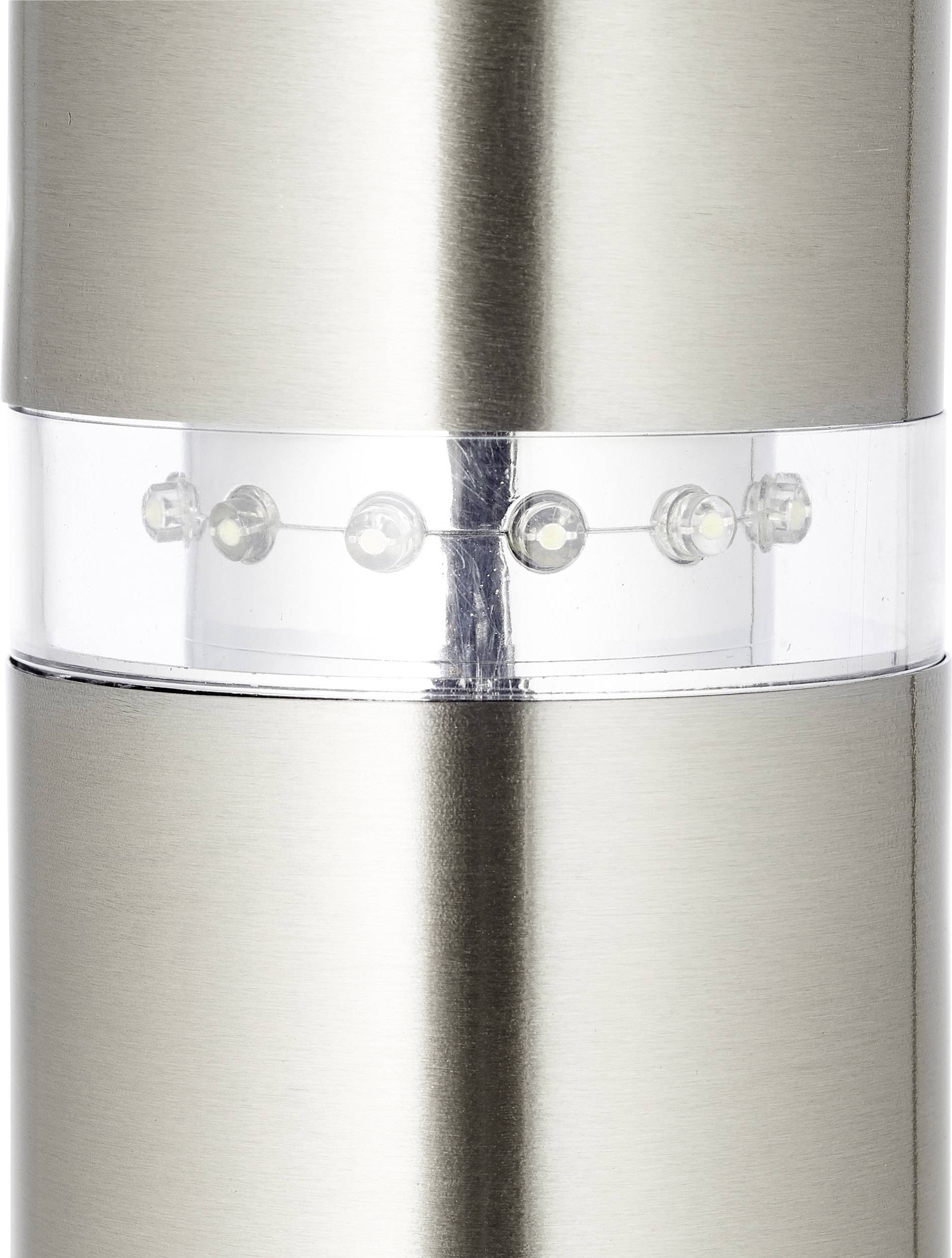 Silberne, zylindrische Lampe mit transparentem Mittelteil, das eine Reihe von LED-Lichtern zeigt. Modernes, schlichtes Design.