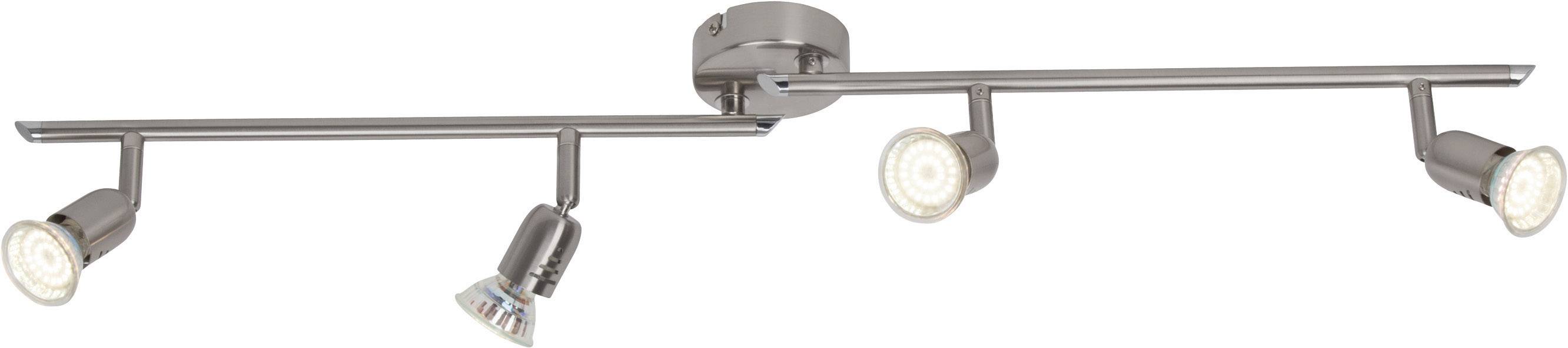 Zweistrahlige, verstellbare Deckenleuchte aus Metall, mit vier runden Spotlights, ideal zur gezielten Beleuchtung von Räumen.
