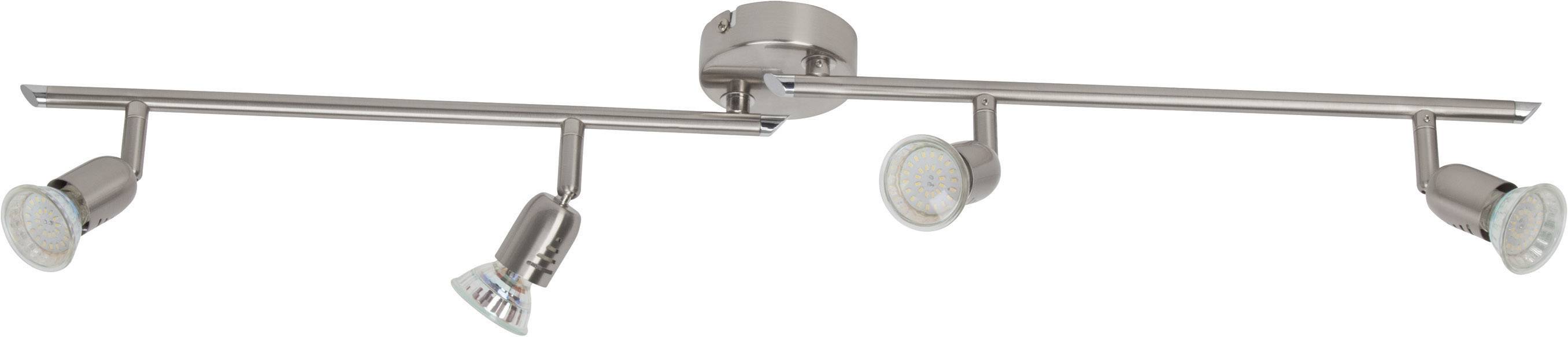 Metallische Deckenleuchte mit vier verstellbaren Lampen auf zwei Stangen, stilvolles, modernes Design für eine gleichmäßige Beleuchtung.