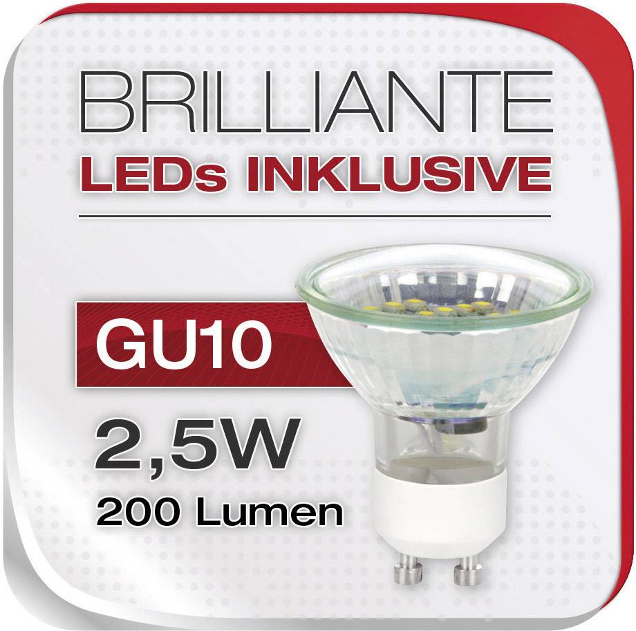 'Brilliante LEDs inklusive', GU10 LED-Lampe, 2,5W, 200 Lumen.