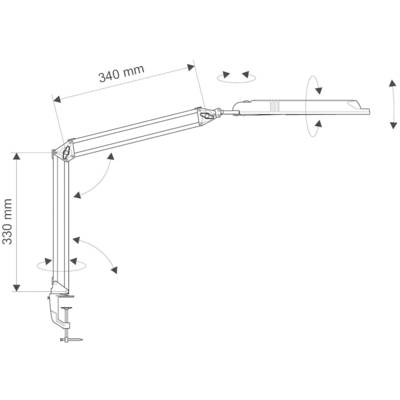 Technische Zeichnung einer verstellbaren Tischlampe mit Maßen: Höhe 330 mm, Länge 340 mm. Bewegungsrichtungen durch Pfeile angezeigt.