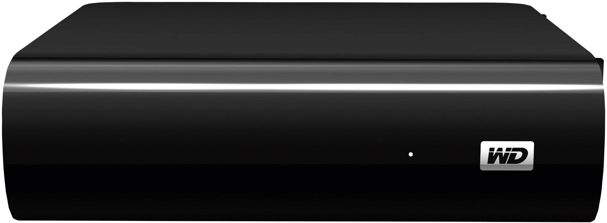 Eine schwarze externe Festplatte mit einem Reflektionsstreifen und einem kleinen 'WD'-Logo in der unteren rechten Ecke.