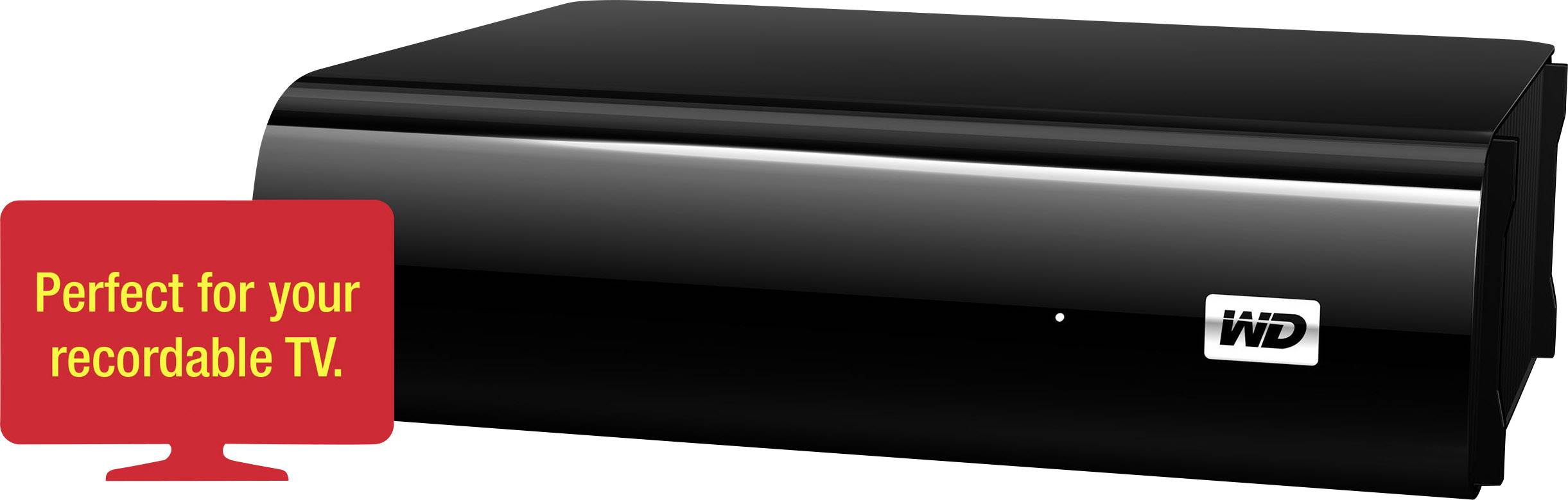Externe Festplatte in glänzendem Schwarz von WD. Links ein rotes Schild mit der Aufschrift: 'Perfect for your recordable TV.'