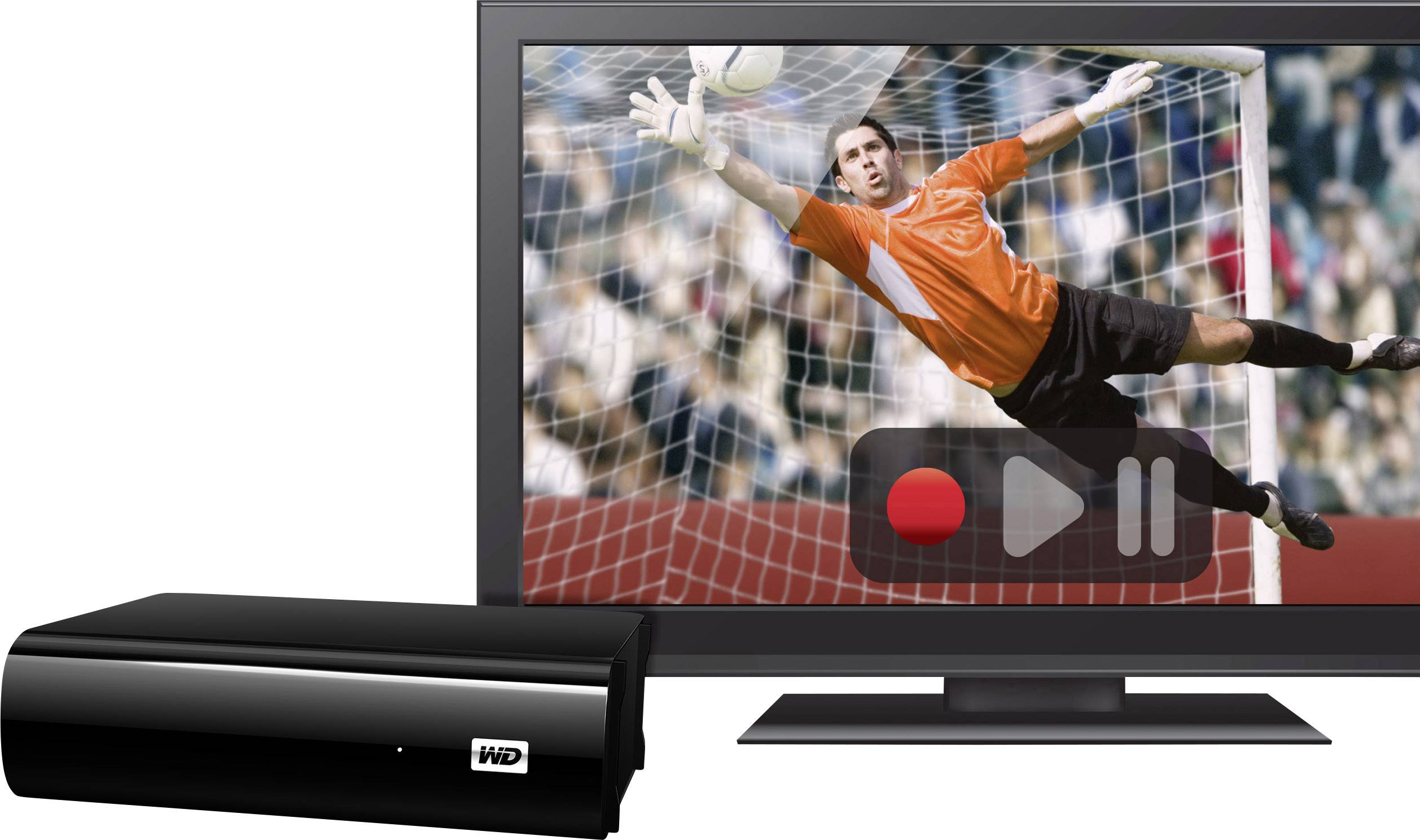 Ein Fernsehbildschirm zeigt einen Torwart, der bei einem Fußballspiel einen Ball hält. Ein Recorder befindet sich daneben.