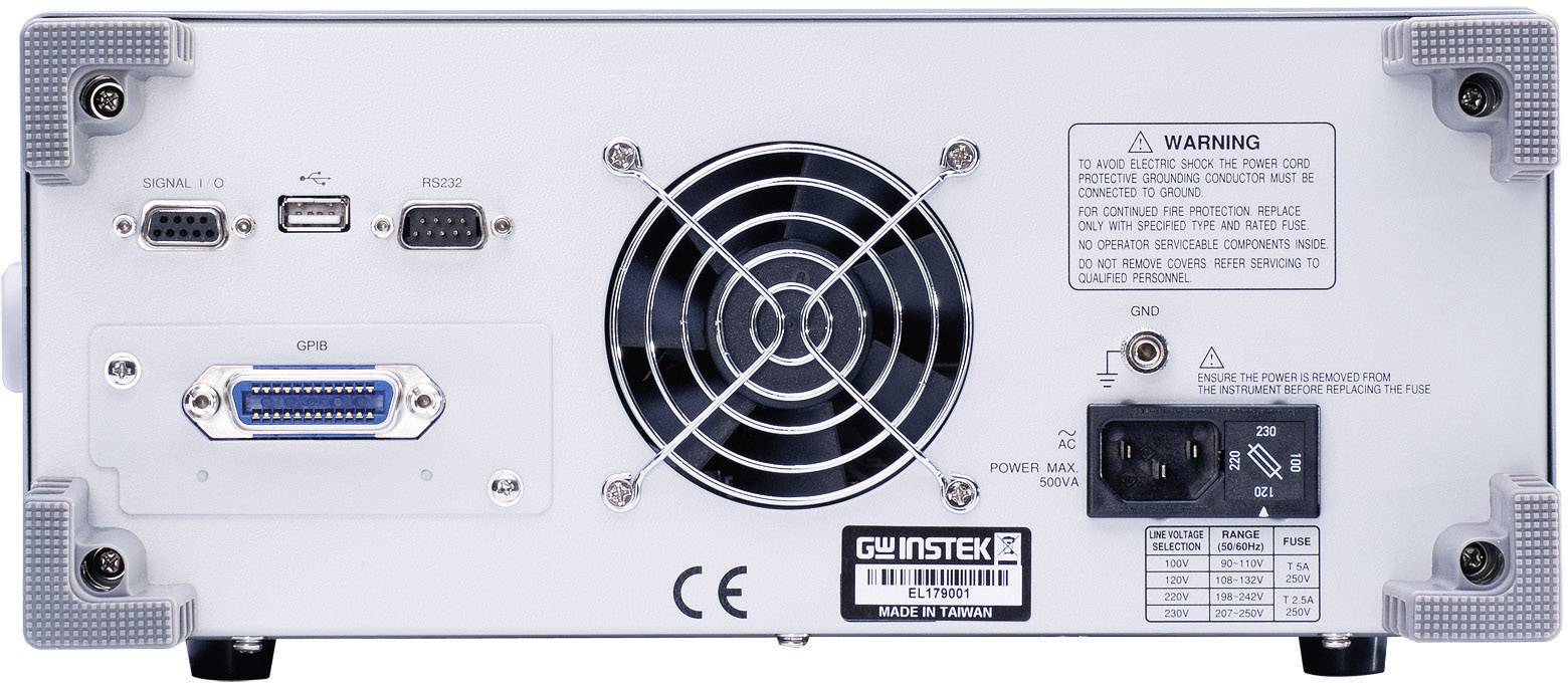 Rückseite eines elektronischen Geräts mit Lüfter, verschiedenen Anschlüssen, Stromversorgung und Warnhinweisen.
