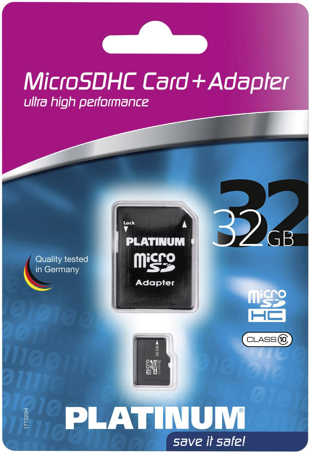 Verpackung einer 32 GB Platinum microSDHC-Karte mit Adapter, Class 10. Erfüllt hohe Leistungsanforderungen. Hergestellt in Deutschland.