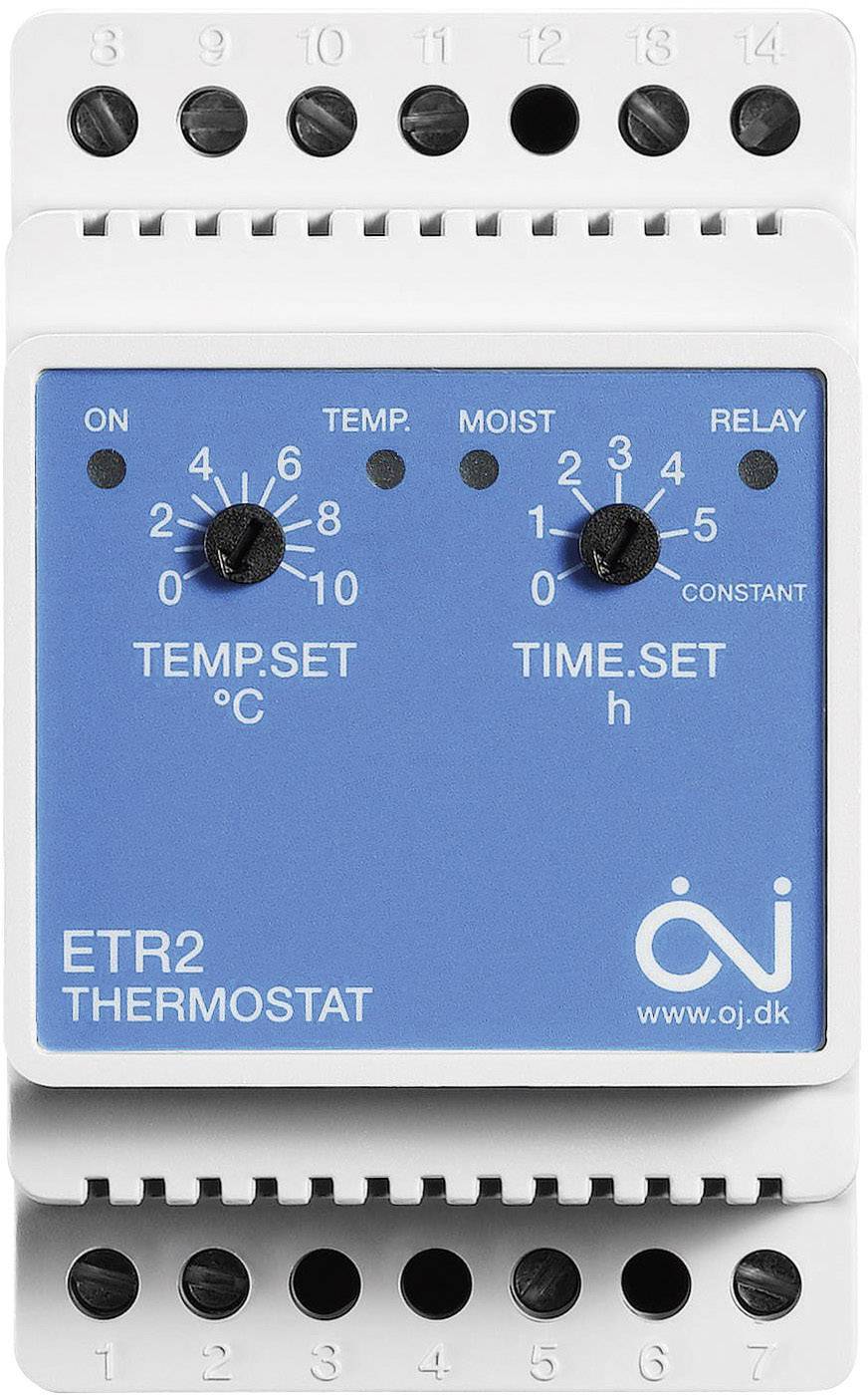 Ein blauer Thermostat mit zwei Drehknöpfen für Temperatur- und Zeiteinstellung. Beschriftet mit 'ETR2 THERMOSTAT'. Oben sind Zahlen und Symbole.