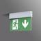Notausgangsschild mit Piktogramm einer Person, die durch eine Tür läuft, und einem Pfeil nach unten. Rettungsweg-Markierung.