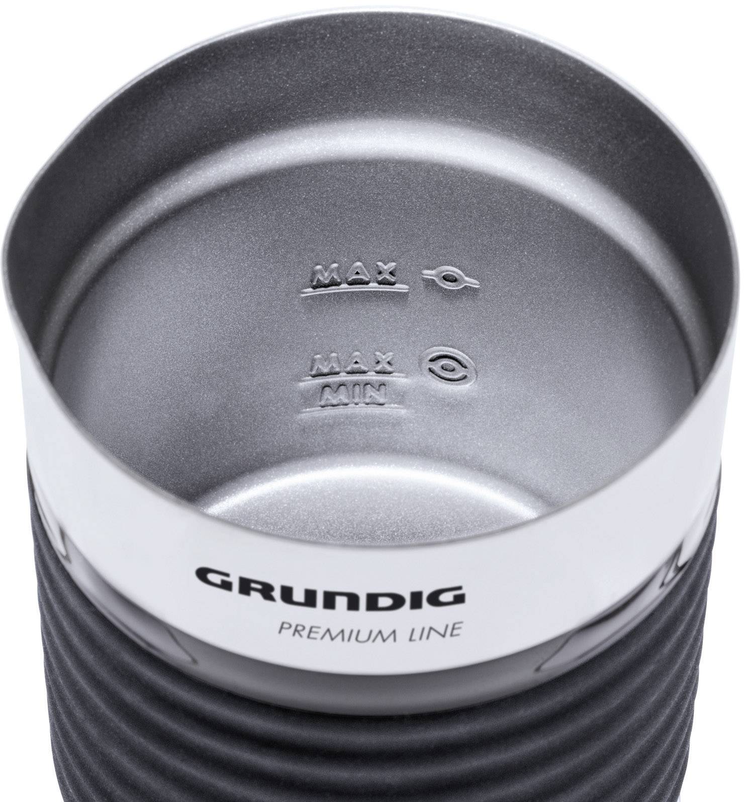 Der obere Teil einer silbernen Thermoskanne mit 'Grundig Premium Line'-Schriftzug. Zwei Markierungen: 'MAX' und 'MIN' für Füllstand.