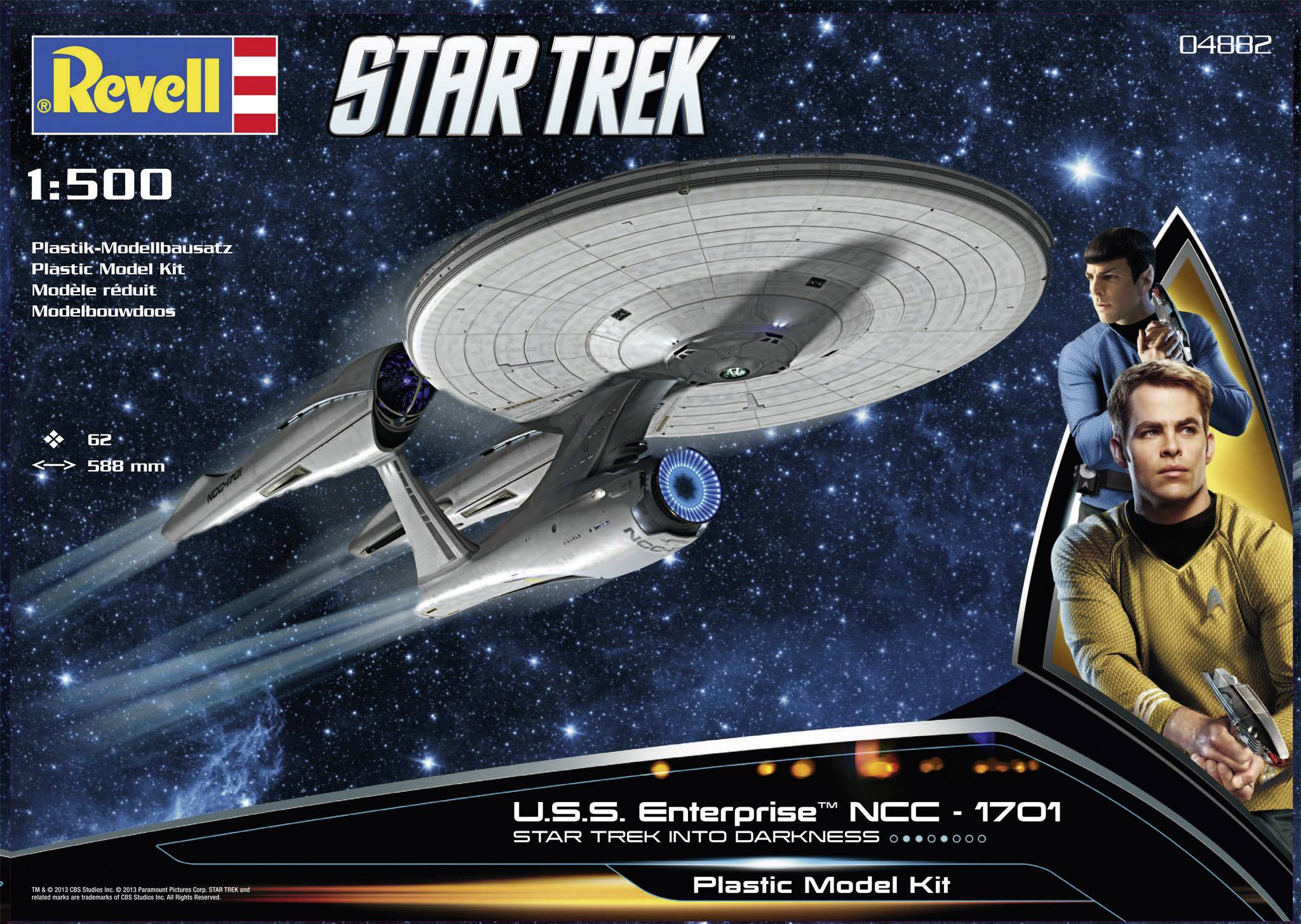 Plastikmodellbausatz 'U.S.S. Enterprise NCC - 1701' aus 'Star Trek Into Darkness', Maßstab 1:500, von Revell. Verpackungsdesign mit Raumschiffbild und Charakteren.