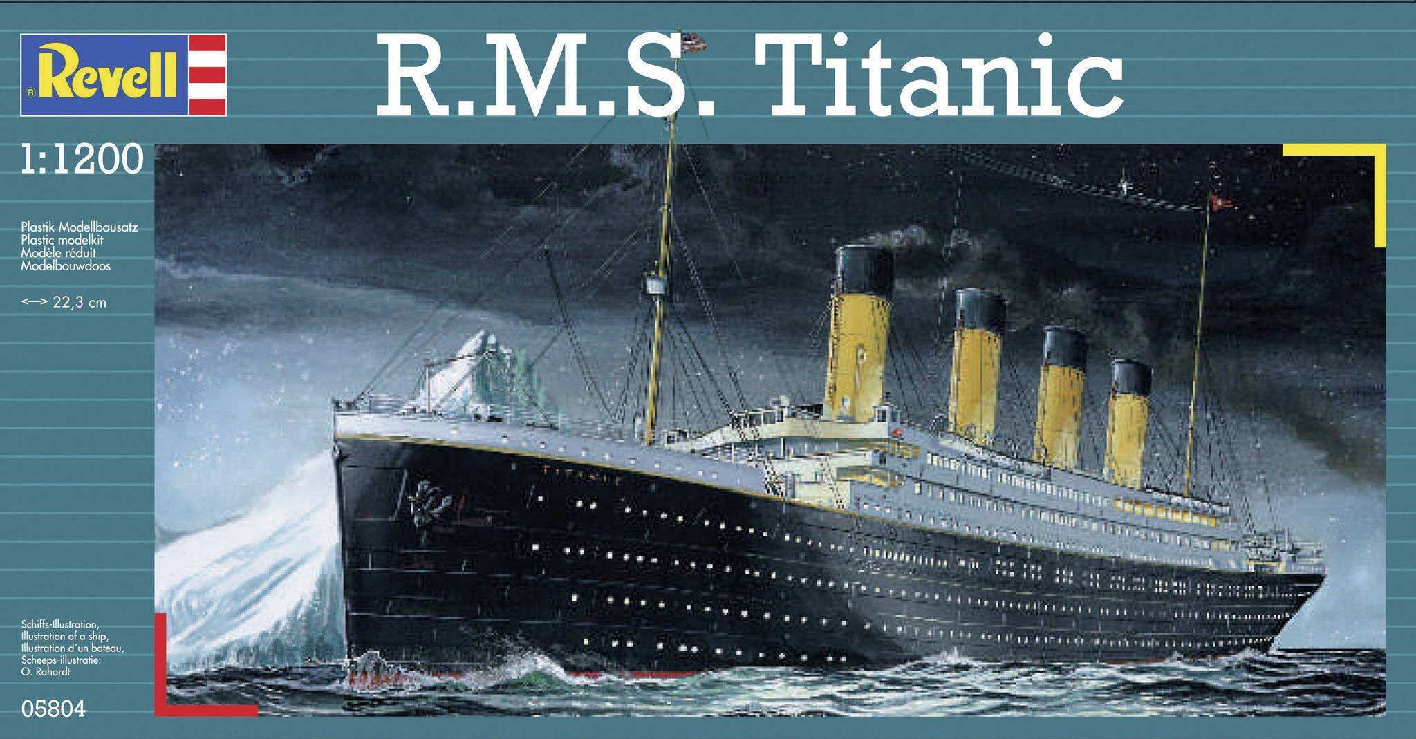 Schiffsmodell der R.M.S. Titanic in stürmischer See, im Maßstab 1:1200. Verpackung von Revell mit Abbildung des Ozeandampfers.