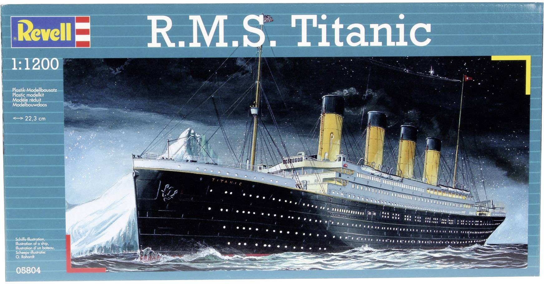 'Revell-Modellbausatz der R.M.S. Titanic im Maßstab 1:1200. Verpackung zeigt eine künstlerische Darstellung des Schiffes bei Nacht.'