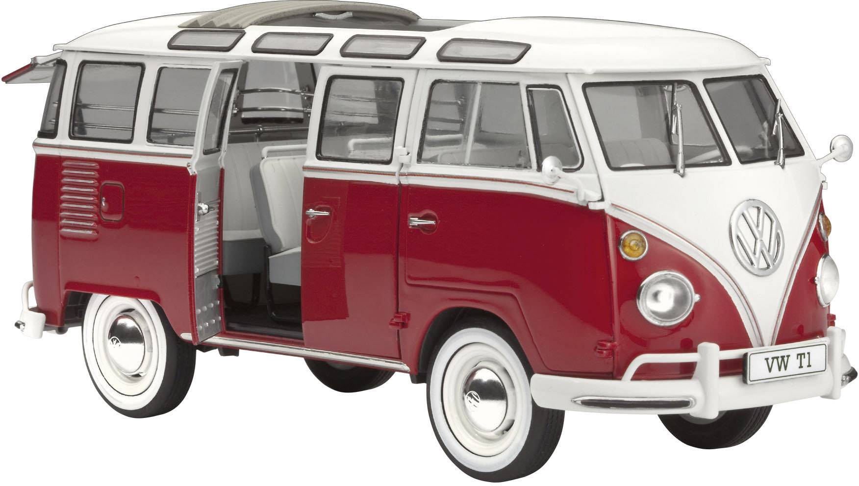 Roter und weißer VW T1-Bus mit offener Seitentür. Die klassische Designlinie und das Dachfenster sind sichtbar.