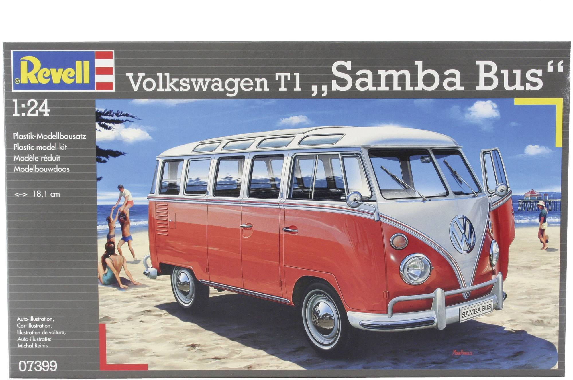 Modelbausatz-Verpackung des Volkswagen T1 Samba Bus von Revell im Maßstab 1:24, zeigt Bild des Busses am Strand.