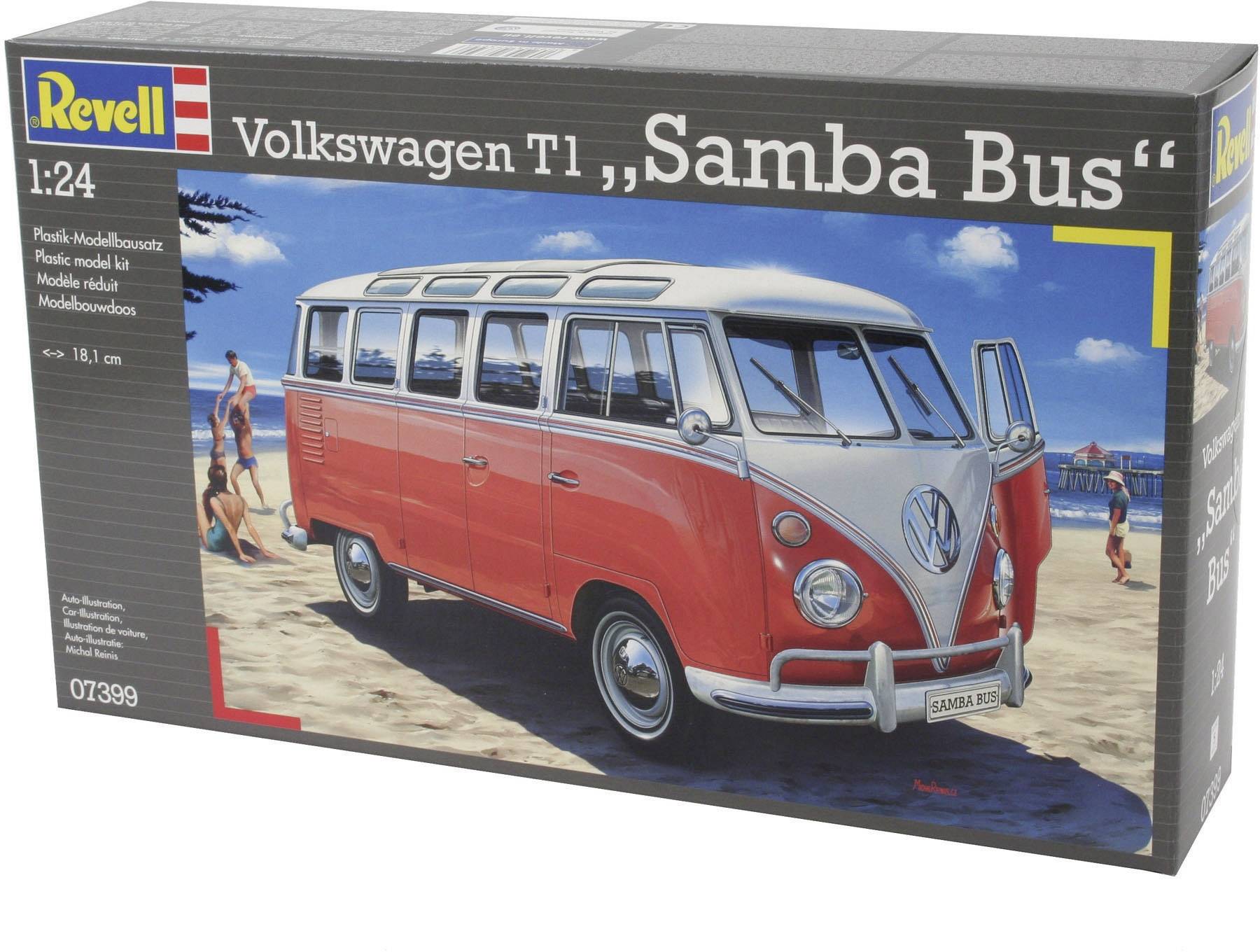 Revell-Modellbausatz des Volkswagen T1 'Samba Bus' im Maßstab 1:24. Verpackung zeigt das Fahrzeug am Strand bei sonnigem Wetter.