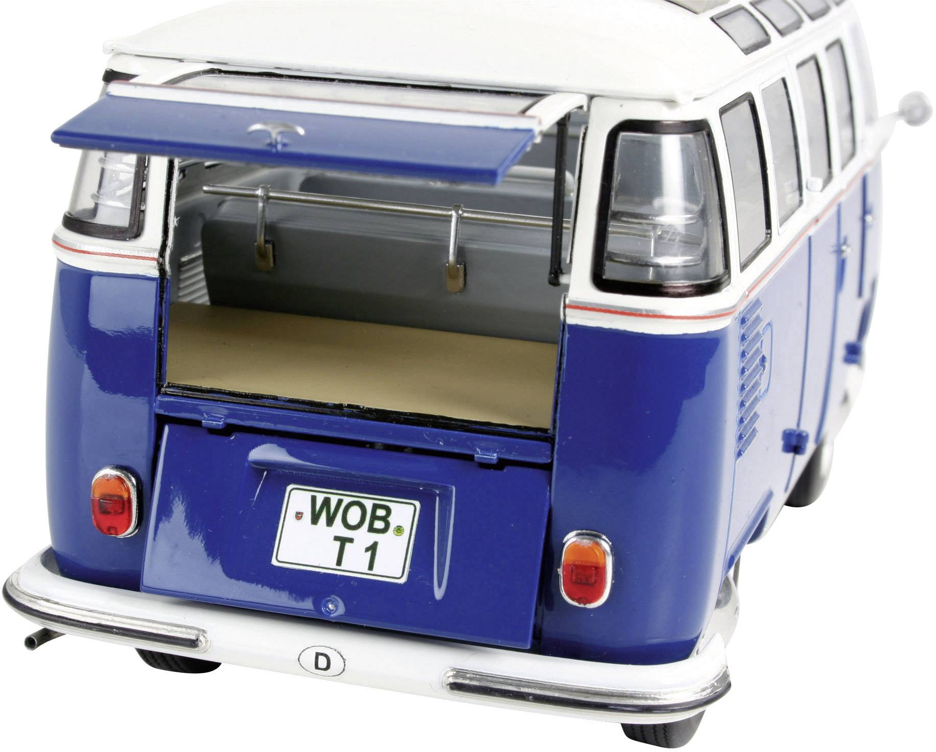 Blau-weißer VW-Bus, Heckansicht, geöffnete Kofferraumklappe, Nummernschild 'WOB T1'.