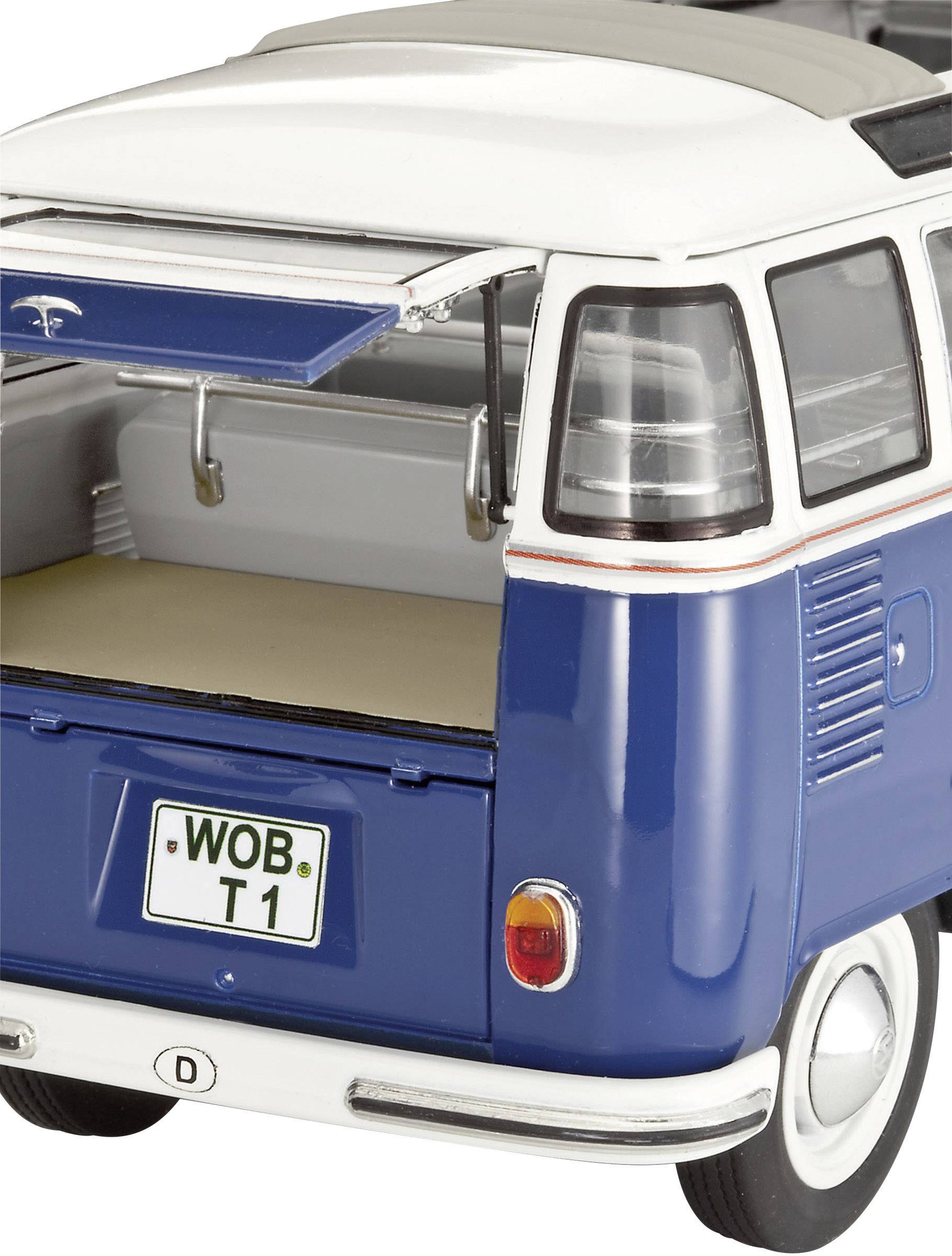 Spielzeugmodell eines blauen VW-Busses mit geöffnetem Kofferraum. Die Rückleuchten und das Nummernschild 'WOB T1' sind sichtbar.