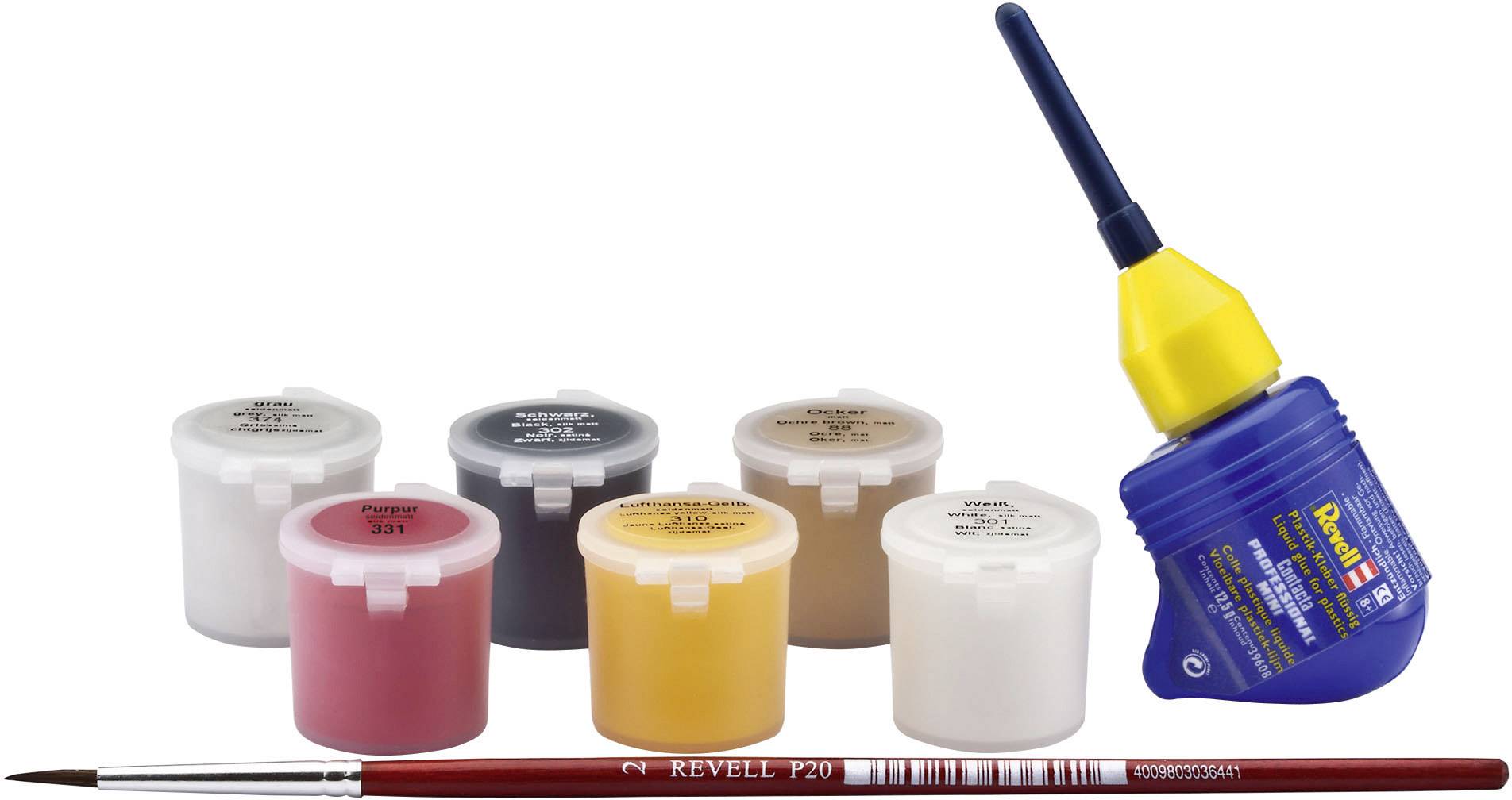 'Revell' Modellbau-Set mit sechs Farbtöpfen in verschiedenen Farben, einem Pinsel und einem Klebstoffbehälter.