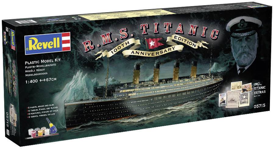 Verpackung für ein Plastikmodellbausatz der 'R.M.S. Titanic', 100th Anniversary Edition von Revell. Zeigt das Schiff und Kapitänsporträt.