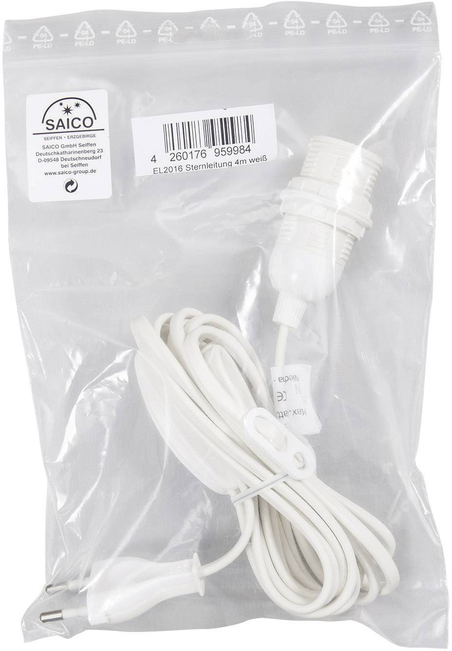 Eine weiße Lampenfassung mit Kabel und Schalter in einer transparenten Kunststoffverpackung. Oben steht 'SAICO' und 'Made in Germany'.