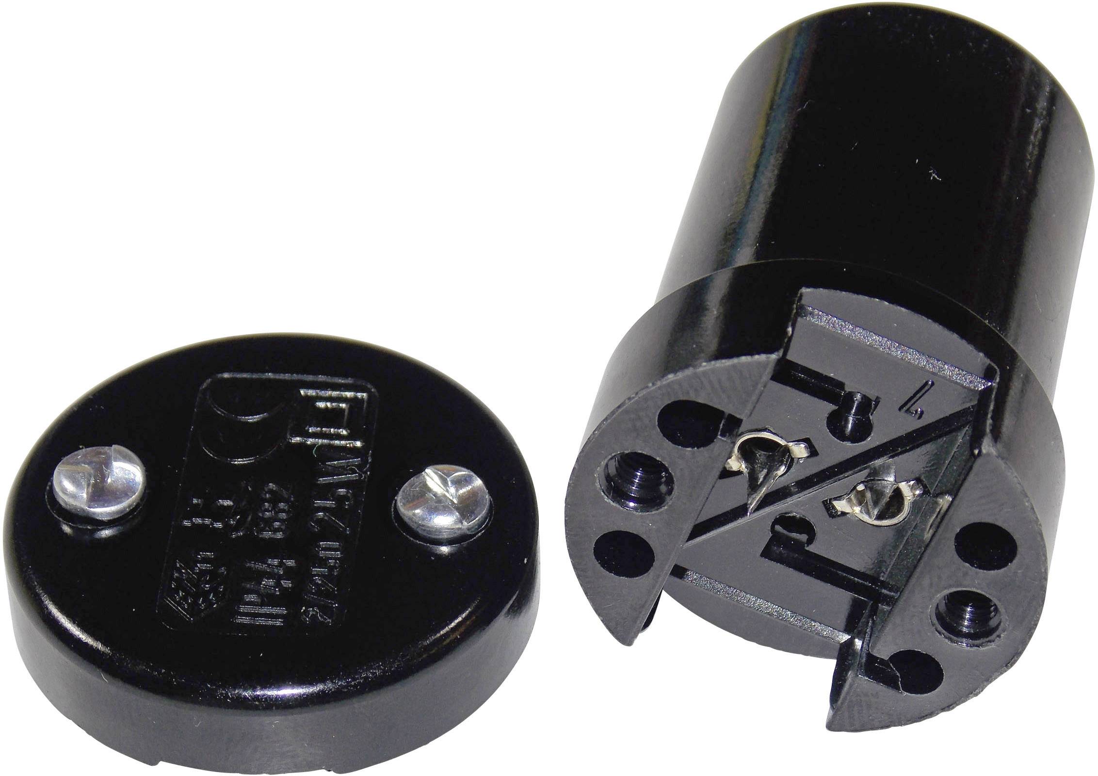 Ein schwarzer elektrischer Stecker mit abgenommener Abdeckung, die zwei Schrauben zeigt. Geeignet für Elektroanschlüsse.