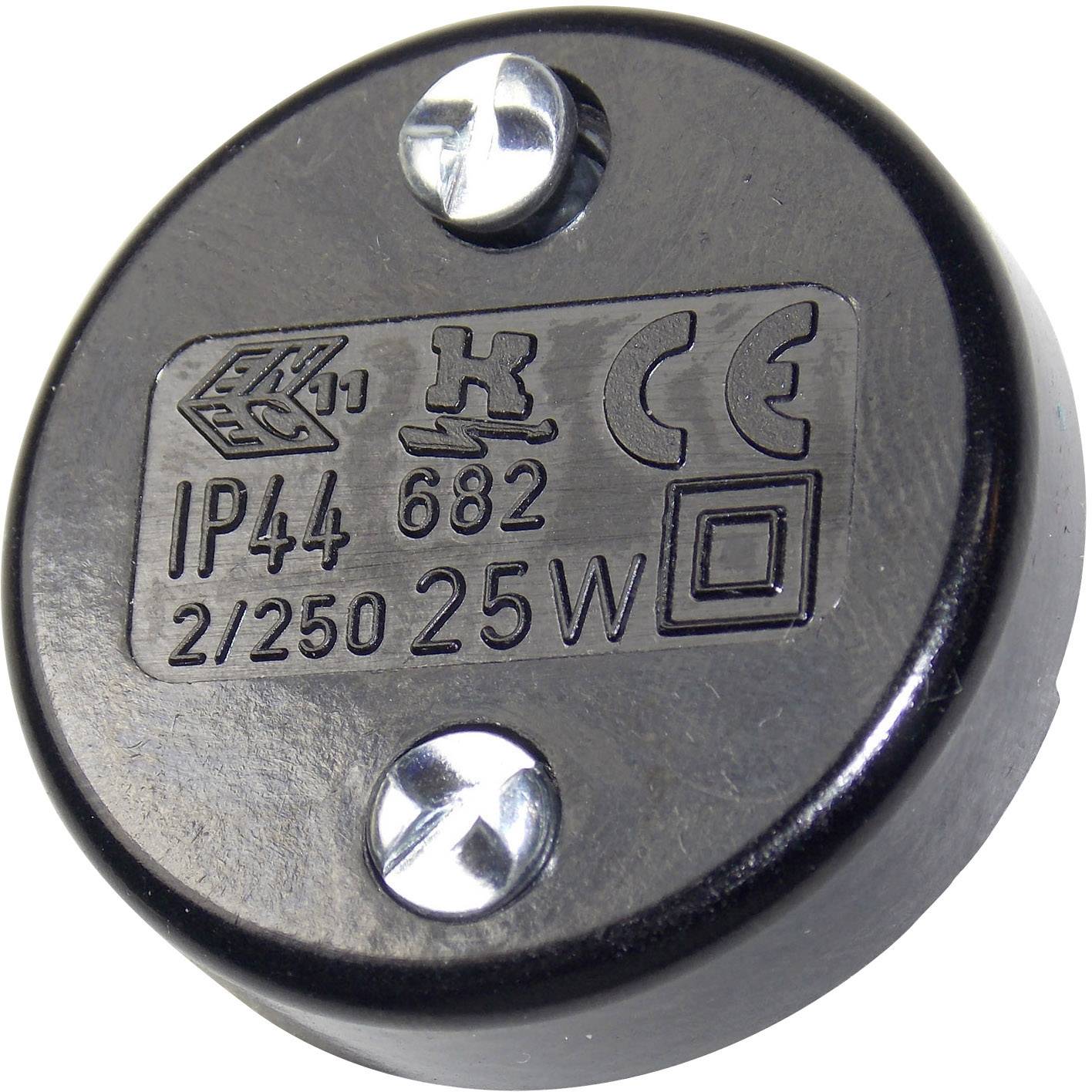 Runde schwarze Steckdose mit Aufschrift 'IP44', zwei Schrauben sichtbar.
